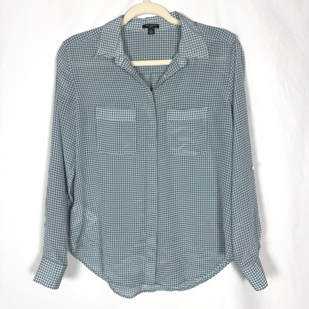 Ann Taylor 100% Silk Blue White Checked Grid Button Up Blouse - Size Small EUC